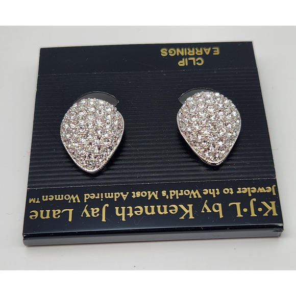 VINTAGE KENNETH JAY LANE COUTURE Silver Tone CRYSTAL CLIP on EARRINGS - Picture 3 of 7
